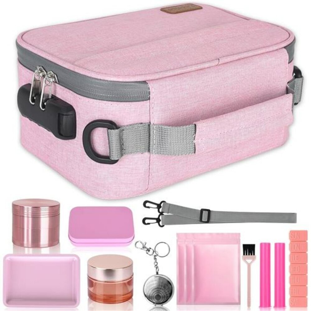 Pink lockable storage case with smell proof bag organizer set travel safe box
